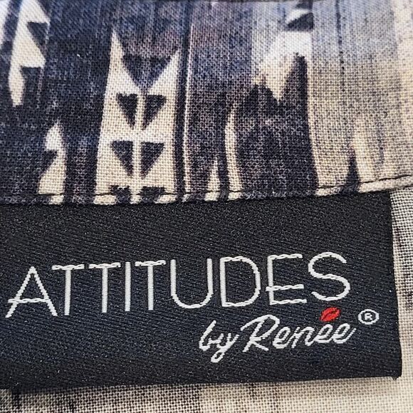 Attitudes by Renee Small Aztec Print Shirt Denim Vibes Blue Gray Off-White - Picture 4 of 13
